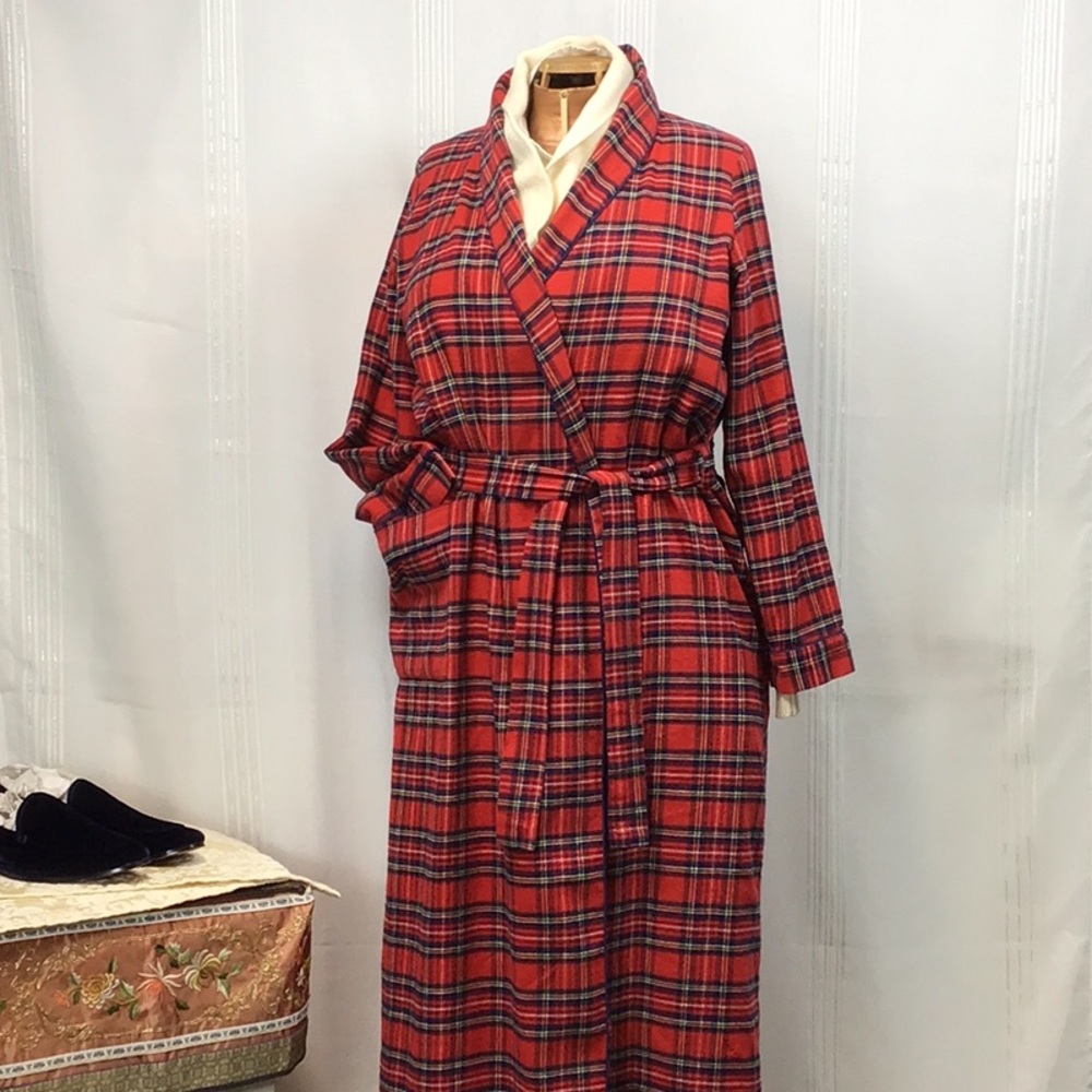 Vintage Red Plaid Tartan Blue Piping Self Tie Belt Front Pocket Flannel Maxi